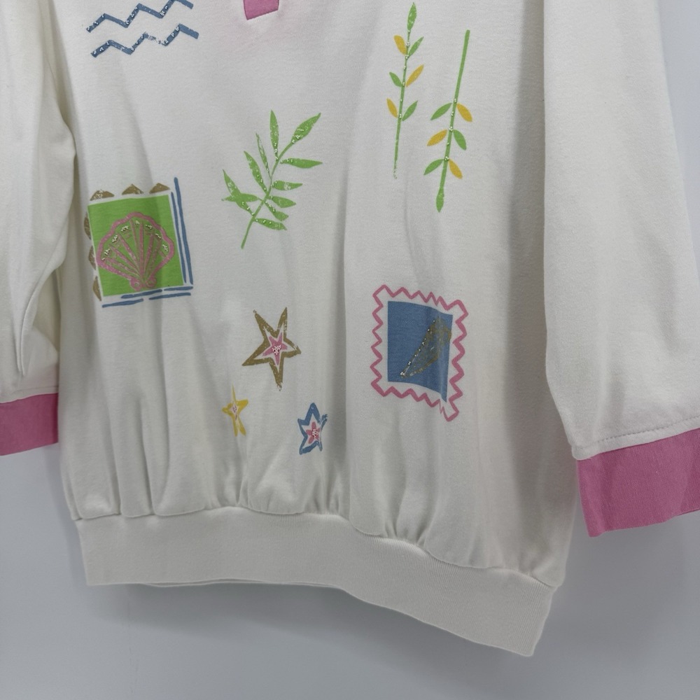 VTG 90s Beach Coastal Preppy White Pink Graff Collared Sweater Top Grandmacore - Picture 13 of 16